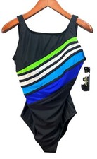 Robby Len One Piece Swimsuit Black Blue Green White Stripe Women 16 NEW