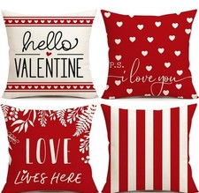 Valentine's Day "Love Lives Here" Pillow Covers 18"x18" Set of 4, Red Striped