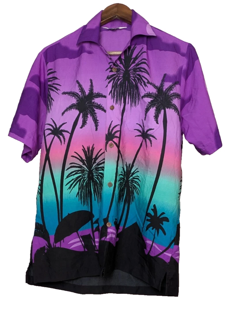 Alvish Purple Hawaiian Shirt Sunset Palm Tree Vaporwave Print Medium