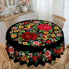 Vibrant Mexican Flower Printed Tablecloth, Bright Ethnic Style Floral Round U8F7