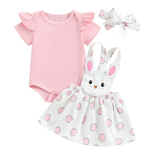 Easter Outfit Baby Girl Ruffle Romper Bunny Suspender Skirts Set Overall Dres...