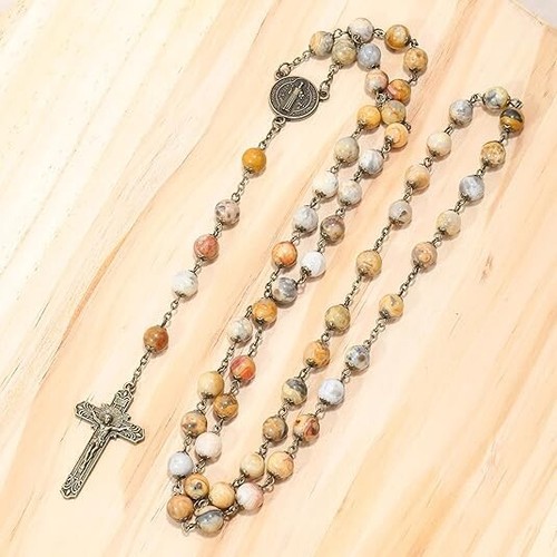 Natural African Jasper Stone Rosary Beads Necklace St. Benedict Cross and Medal - Picture 4 of 6