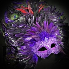 Purple Venetian Carnival Large Feather Masquerade Mask Mardi Gras Party