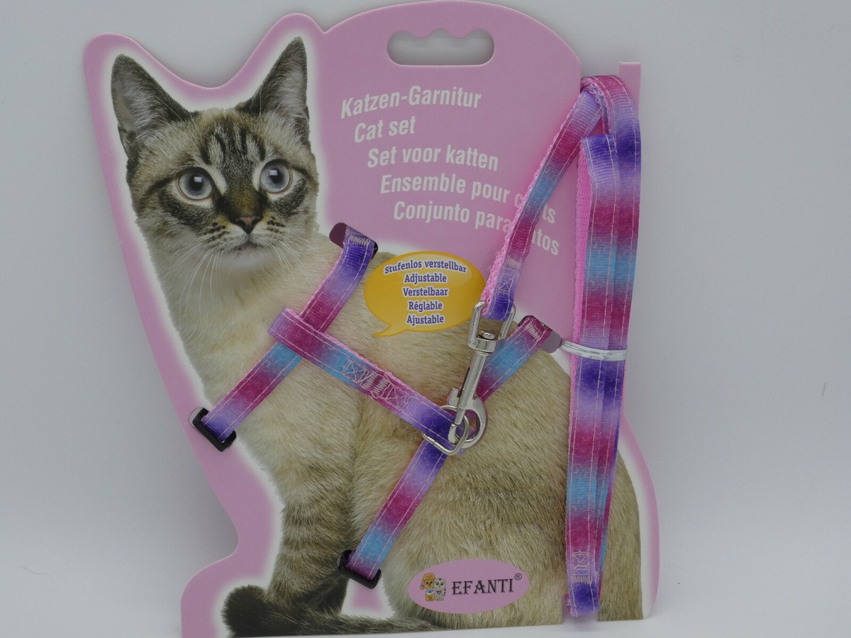 (H037D) Cat Kitten Adjustable Harness Lead Set Pink Purple Rainbow Pattern