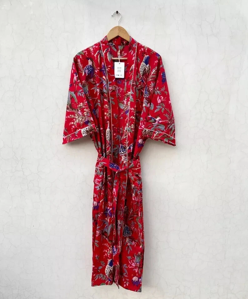 Индийский красный хлопковый халат длинное кимоно Sleepwear ночной костюм кимоно халаты для ванны - Изображение 2 из 4