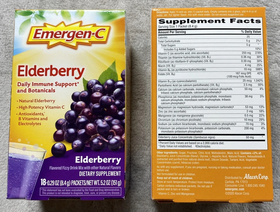 Emergen-C Elderberry Daily 36 paquetes de bebidas de apoyo inmunológico y botánicos BB: 7/25 Foto 2 de 3