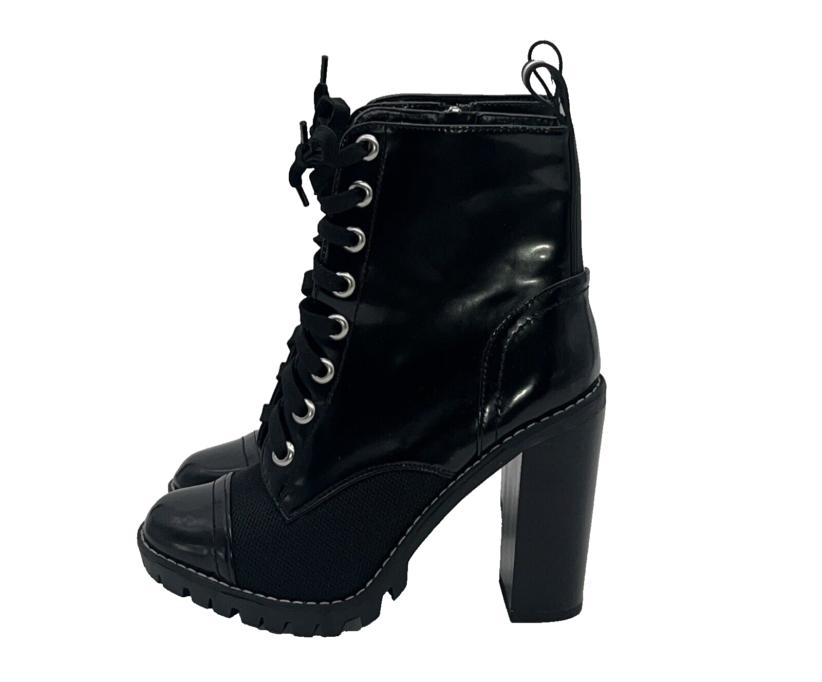 Steve Madden Boots Womens 7.5 Black Pauline Combat Faux Patent Leather Ankle