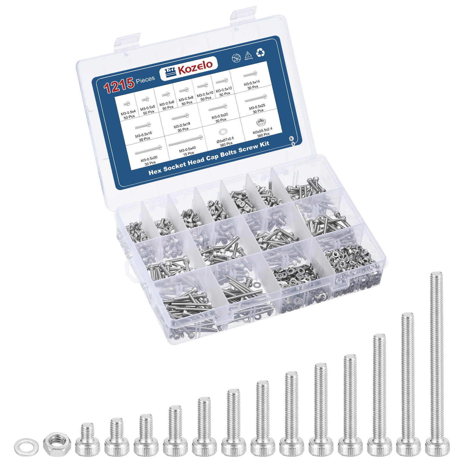 1215pcs M3 Socket Head Cap Screws Bolts Nuts Kit, Stainless Steel