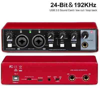 Recording Sound Card 48V Phantom Power USB Audio Interface with Loopback Monitor