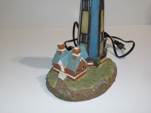 Stained Glass Lighthouse with Resin House and Base Light Blue Tiffany Style - Picture 4 of 10