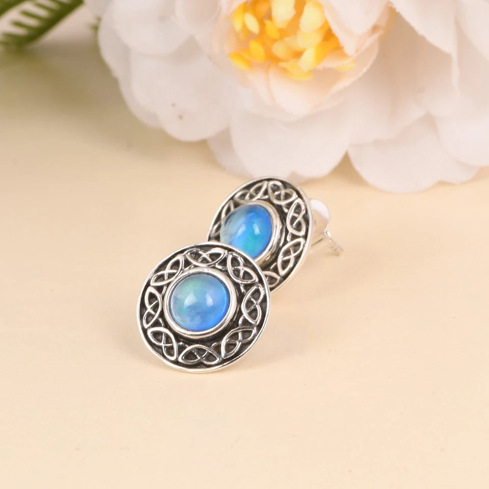 Pendientes de plata 925 suroeste hechos a mano con forma redonda azul ópalo aurora Foto 3 de 4