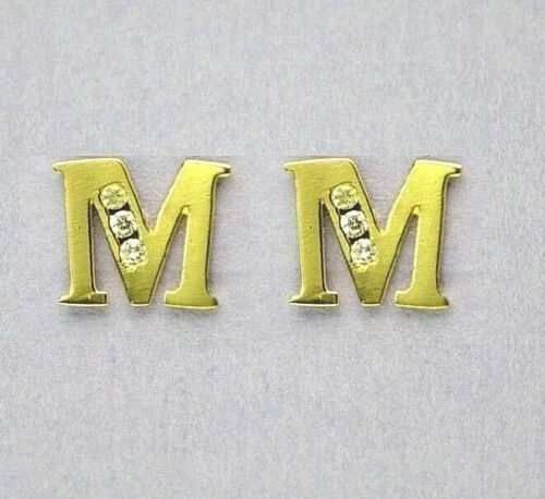 Solid 14k Yellow Gold Initial Letters Stud Earrings w/ Sparkling White CZ Stones - Picture 14 of 27