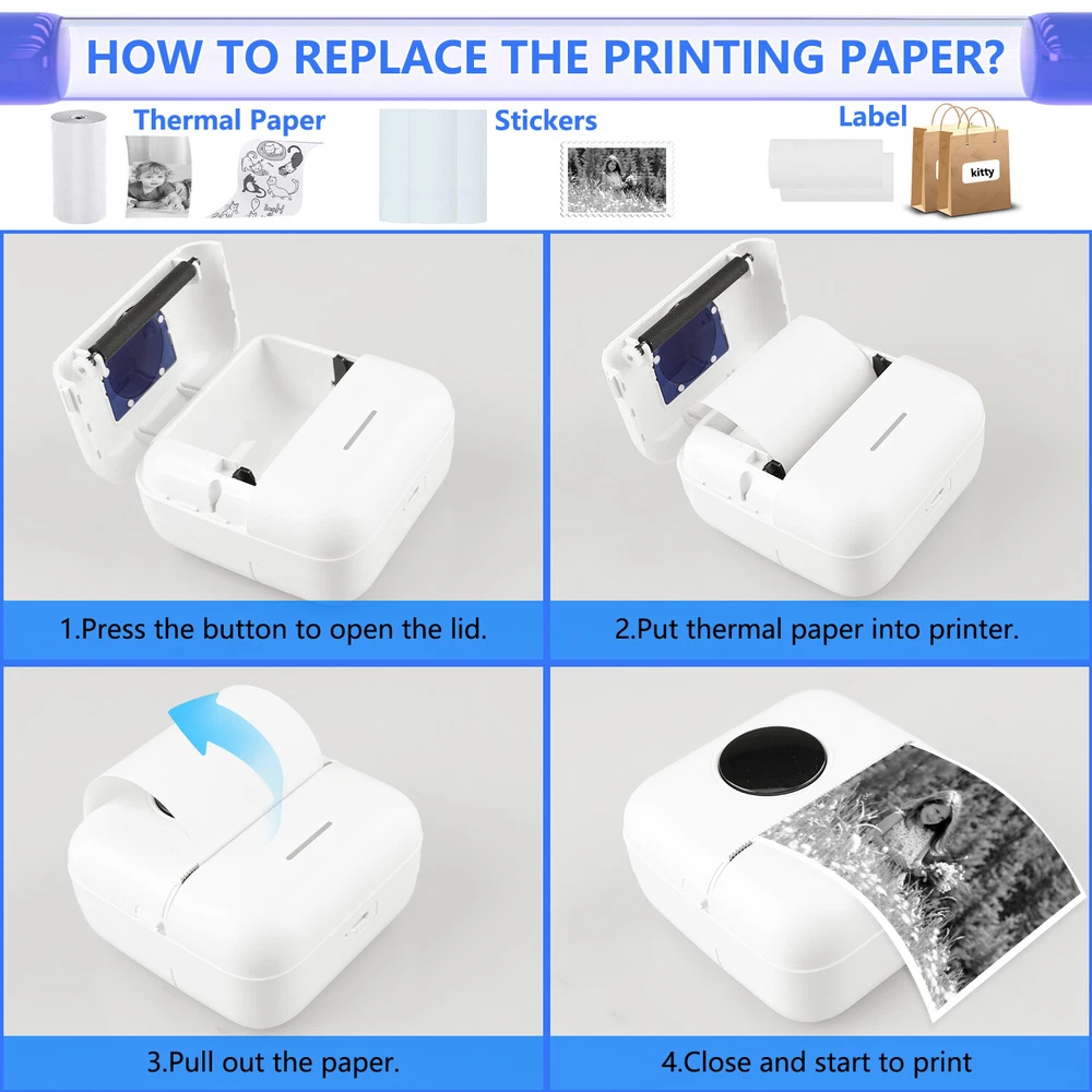Mini Bluetooth Thermal Printer - Wireless Pocket-Sized Inkless Photo Printing Mini Bluetooth Thermal Printer - Wireless Pocket-Sized Inkless Photo Printing