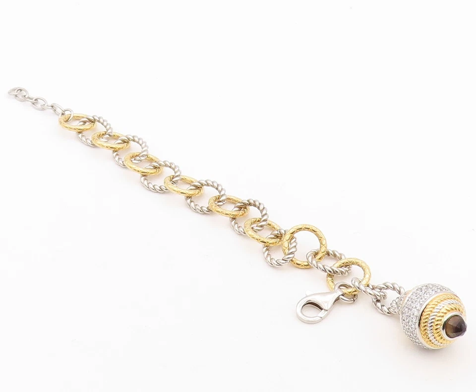 925 Sterling Silver Vintage Bracelet Gold Plated Smoky Quartz & CZ Ball  BT10839 - Image 2 of 4