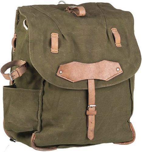 Vintage Romanian Army Canvas Backpack W Leather Shoulder Straps 18" x 13" x 5 