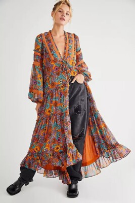 cassis printed chiffon dress free people Free People Cassis Printed Ruffles Flowy Chiffon Maxi Dress S