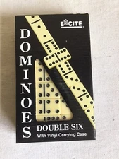  1995 New Old Stock Excite Double Six Dominoes With Black Vinyl Carrying Case