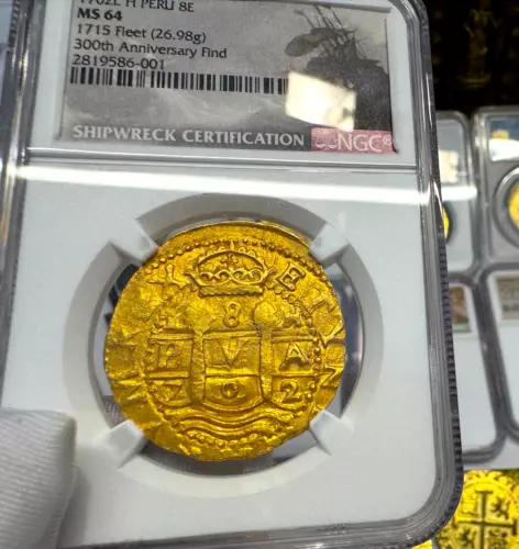 PERU 1702 NGC 64 "1715 FLEET SHIPWRECK" 8 ESCUDOS PIRATE GOLD COINS DOUBLOON
