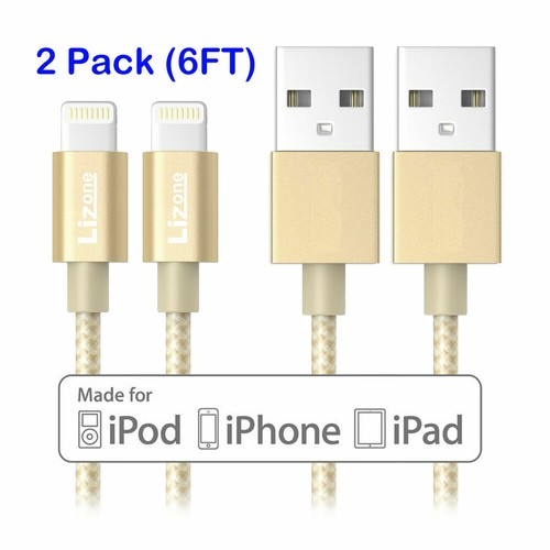 2X Lightning Cable 6Ft iPhone iPad iPod Charger Cord MFi Certified Nylon Gold - Afbeelding 1 van 5