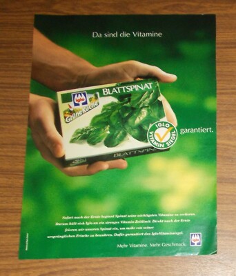 Seltene Werbung IGLO GRÜNE KÜCHE BLATTSPINAT - Da sind die Vitamine 1996