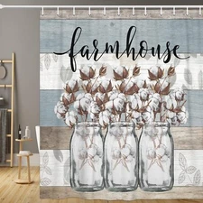 Rustic Floral Shower Curtain, Farmhouse Cotton Flower in Gray Mason Jar Rusti...