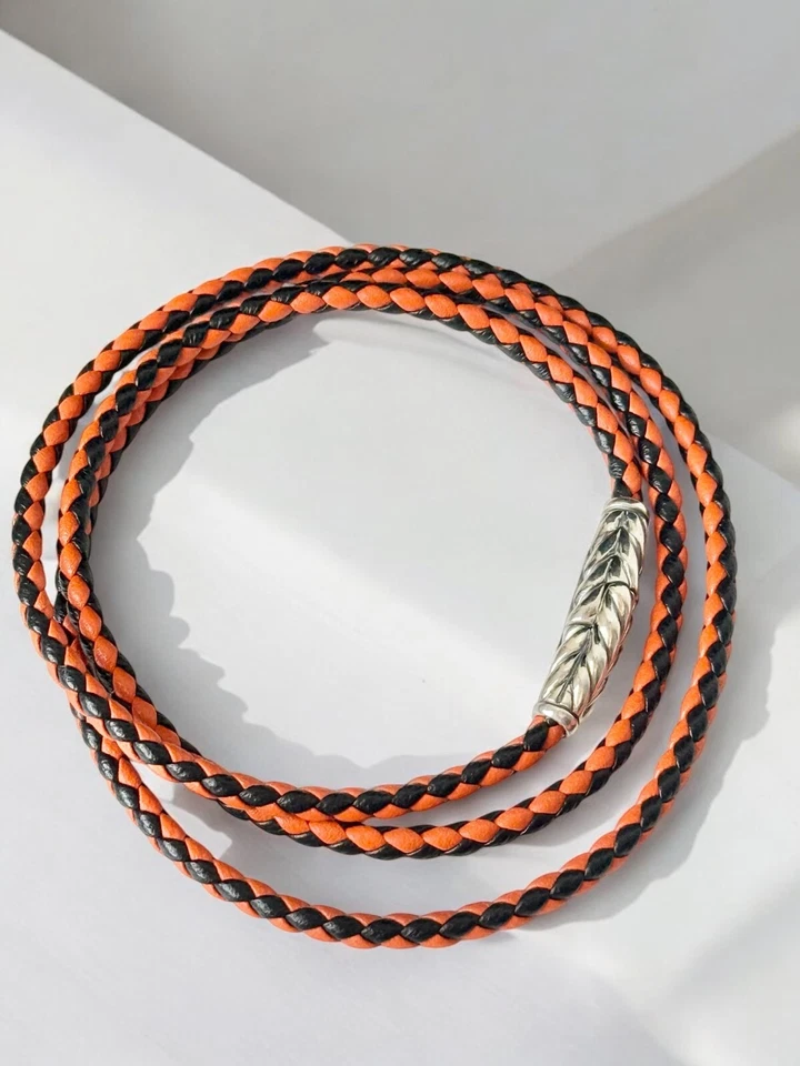 David Yurman Chevron Orange & Black Triple Wrap Leather Bracelet in Silver - Image 3 of 3