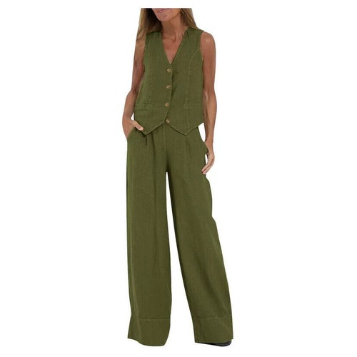 Ladies Button Tank Tops+ Wide Leg Pants Cotton Co-ord Set Tracksuit Outfits SIZE - Picture 28 of 30