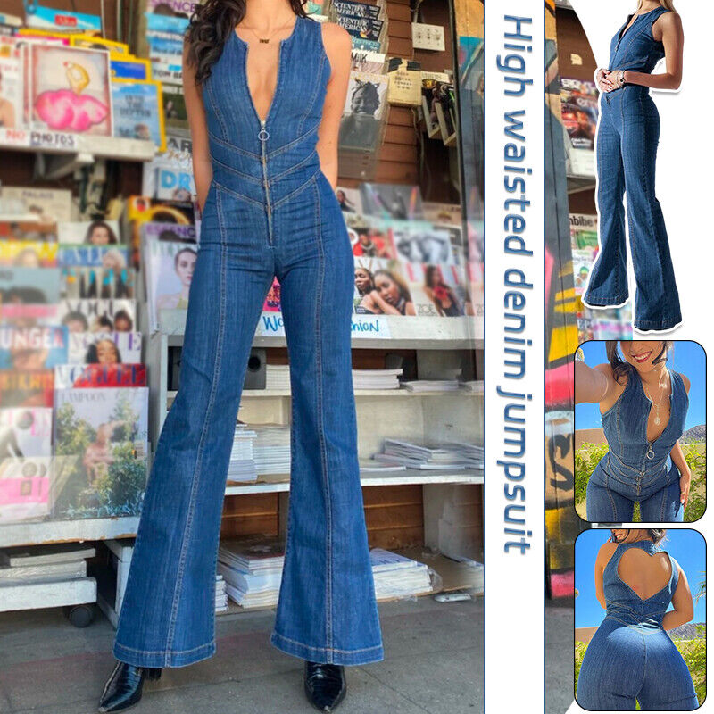 Women Denim Jumpsuit Multi-Pocket Long Bodysuit Solid Color One-Piece Jeans