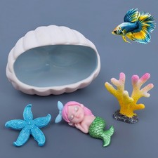 Ocean Theme Aquarium Decor 4-Piece Set: White Ceramic Shell Hideout Cave for ...