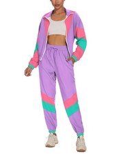 Women's Color Block 2 Piece 80s 90s Outfits Long Sleeve Windbreaker Jacket Tr...