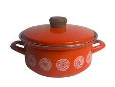 VTG Epicure Orange Enamelware Stock Pot 6" Wooden Knob Lid MCM Geometric Design