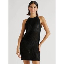 Tahari Black Crochet Open Knit Halter Neck Sleeveless Dress Beach Sexy Goth M