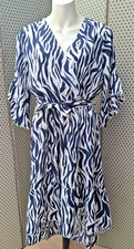 Size 10 Apricot Blue/White Zebra Animal Print Asymmetric Hem Mock Wrap Dress VGC