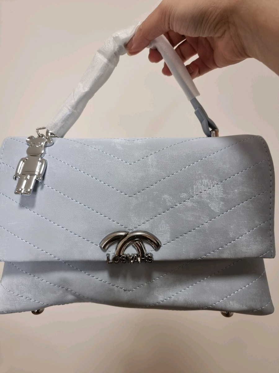 LOSYAHS Light Blue Quilted Shoulder Handbag with Bear Charm