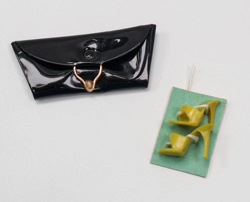 Vintage Barbie Black Clutch Purse W/ Mustard Shoes On Original Card 1960s Mattel