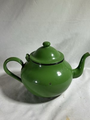 Vintage Green Enamel Tea Kettle Made in Yugoslavia Mid Century Enamelware MCM