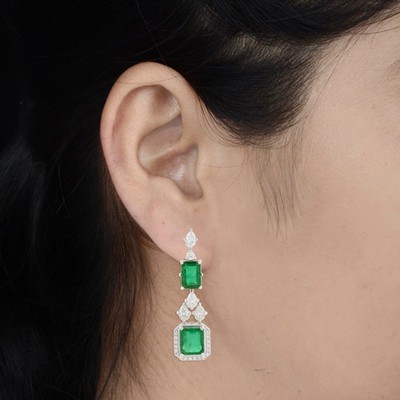 Handmade Jewelry Natural Emerald & Diamond Earring 18kt White Gold For Gift Her