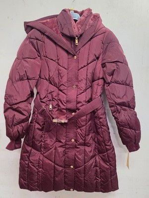 Michael Kors Hooded Belted Puffer Winter Coat - Ox Blood, Women s Size: Small