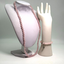Necklace & Bracelet Set Rose Quartz Natural Pink Gemstone Bead Silver Tone Clasp