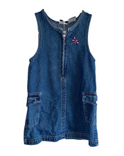 90  s vintage  In Design  Girls 6 Blue Denim jumper Dress Zip Pockets embroidered