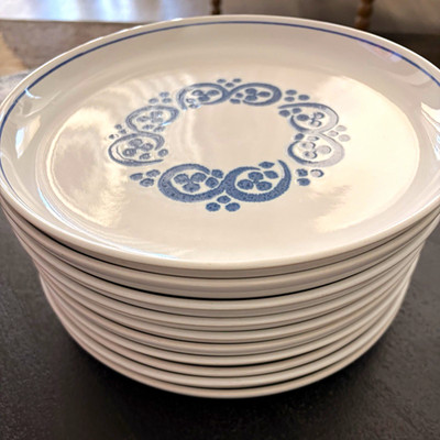 10 Denby Langley English Blue 10 1/8  Dinner Plates Rams Head Scrolls Dots