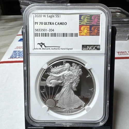 2020-W $1 American Silver Eagle Proof Mercanti Signed NGC PF 70 ULTRA CAMEO