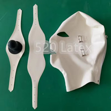 White Latex Hood Rubber Mask with removable Eyeshade mouth Black ball for Fetish