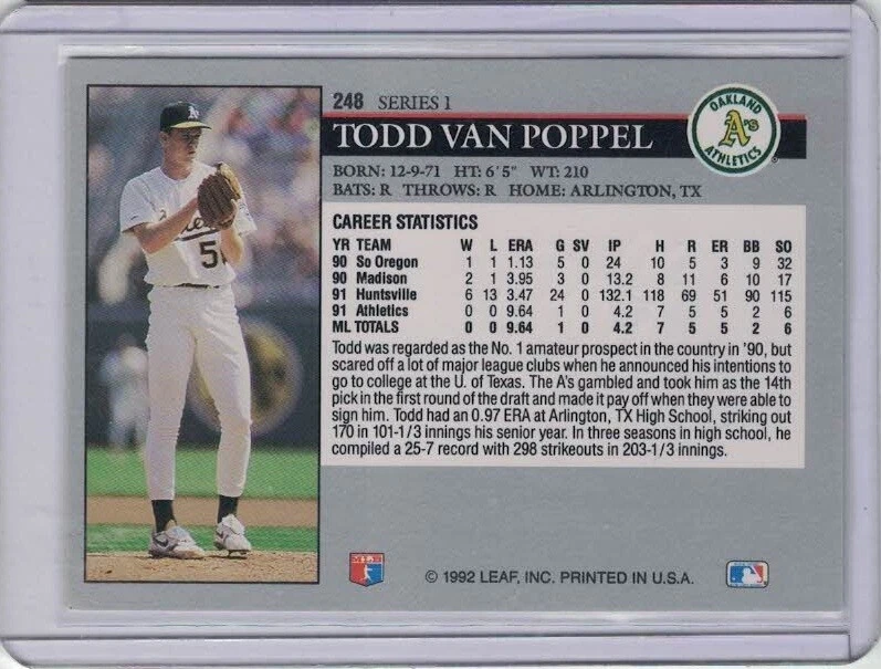 SIGNED 1992 Todd Van Poppel Leaf #248 Baseball Card Autograph Oakland Athletics - Image 2 of 2