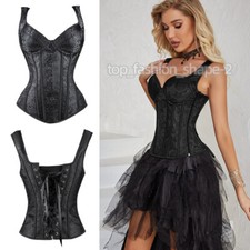 Women's Overbust Satin Floral Lace up Trim Corset Vest Buckle Lingerie Plus Size