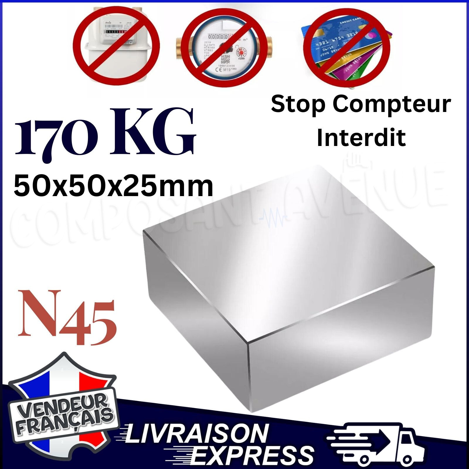 Aimant néodyme parallélépipède N45 de haute précision 50x50x25mm