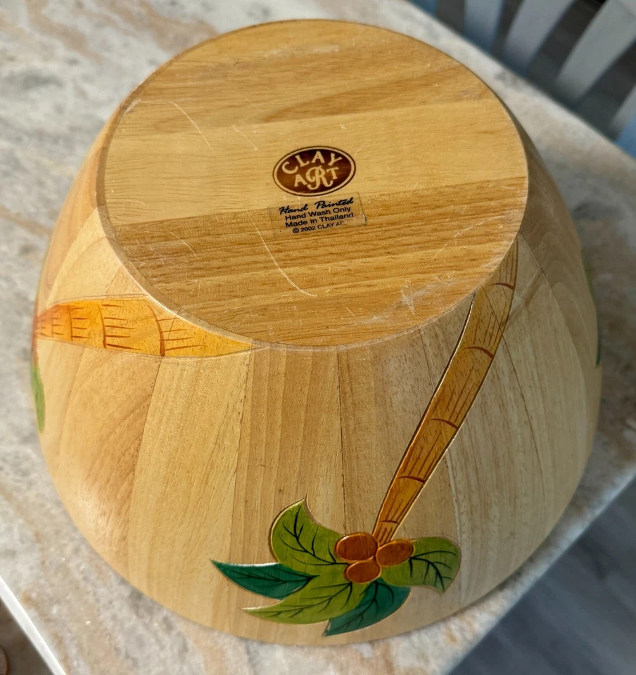 Clay Art Large Wooden Palm Tree Fruit / Salad Bowl Hand Painted - Image 2 of 4