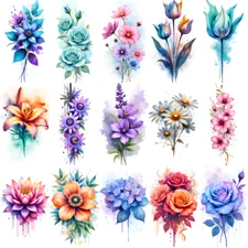 9pcs Temporary Tattoo Watercolor Blue Roses Lotus Flower Daisy Flowers