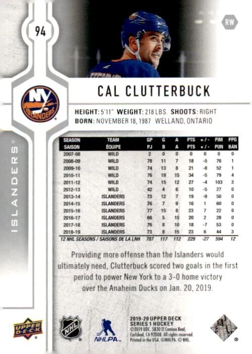 2019-2020 Upper Deck Hockey #94 Cal Clutterbuck New York Islanders Series 1 - Image 2 of 2