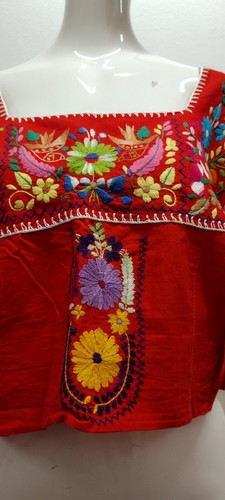 Vintage Red Short Top Floral Embroidered Huipil Mexican Hippie Birds Boho M - Picture 15 of 24